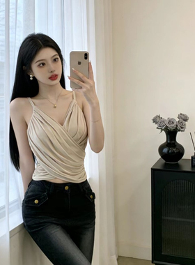 韩版简约高级设计小众交叉挂脖背心吊带女装夏季修身显瘦露腰上衣