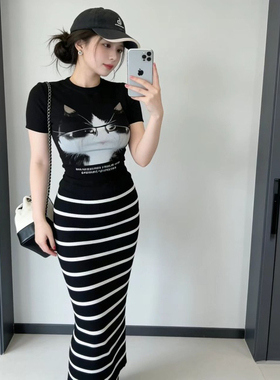 网红出片时尚潮流设计感猫咪印花条纹修身显瘦高腰百搭女装上衣