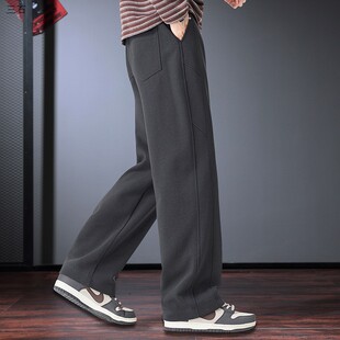 深灰色休闲裤男秋冬季宽松直筒加绒裤抽绳懒散复古风拼接运动卫裤
