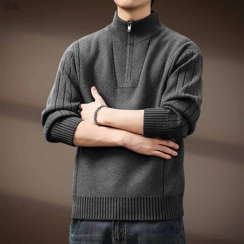 高端美式复古重磅半拉链毛衣男冬季加厚潮牌半高领针织衫线衣外套