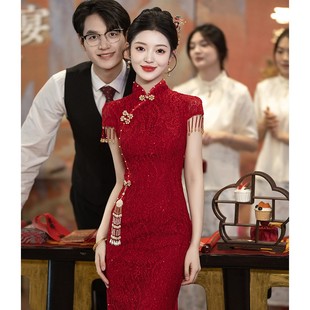 红色敬酒服新娘旗袍小个子订婚礼服连衣裙中式结婚蕾丝女回门夏季