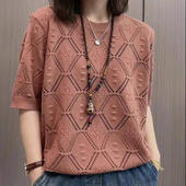 圆领毛衣宽松五分袖 2026年夏季 短袖 女士百搭薄款 镂空上衣潮 针织衫