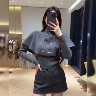 韩系灰色斗篷披肩长袖针织衫女早春季内搭打底衫气质宽松短款上衣