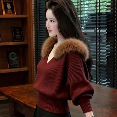 圣诞穿搭红色毛领v领毛衣女秋冬季可外穿内搭慵懒宽松收腰针织衫