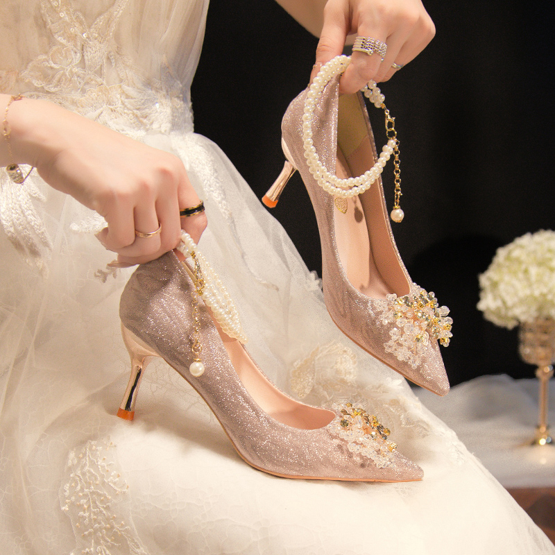 串珠法式婚鞋新娘鞋高跟银色