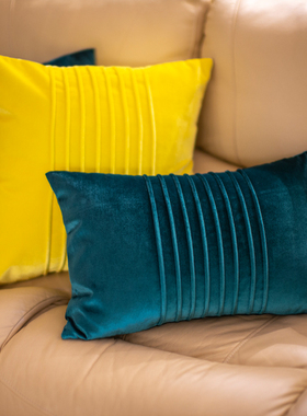 现代沙发靠垫抱枕样板房长方形腰枕日式条纹蓝色丝绒方枕套可定制