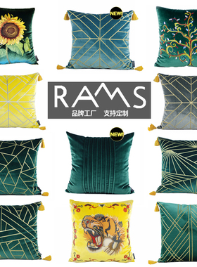 美式样板房沙发抱枕靠垫欧式酒店床头靠包客厅腰枕墨绿色刺绣靠枕