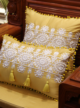 中式红木沙发抱枕靠垫高档刺绣装饰吊穗腰枕抱枕套黄色客厅大靠包