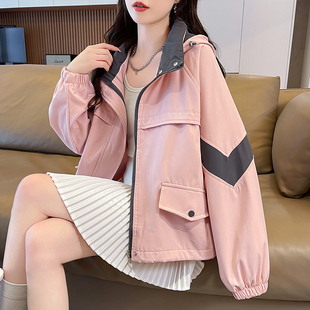 实拍时尚连帽拼色外套女春秋新款宽松休闲小个子短款风衣夹克