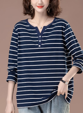 官图条纹打底衫女春秋新款加大码女装宽松纯棉V领显瘦长袖t恤女