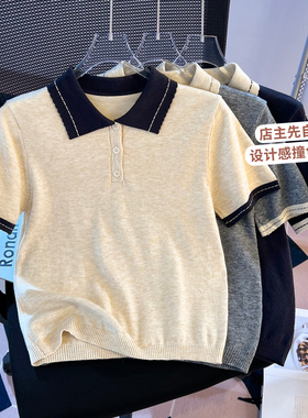 实拍polo领撞色针织短袖T恤女夏季韩系设计感百搭正肩短款上衣