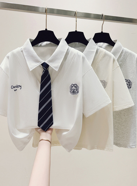 实拍美式假两件短袖T恤女2026春夏新款学院风polo领显瘦短款上衣