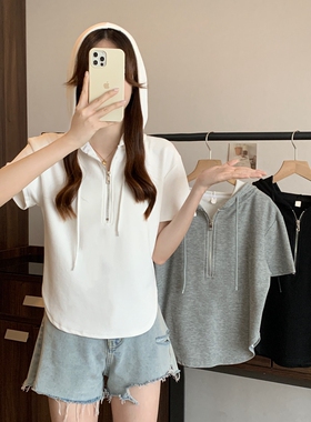 实拍夏季大码女装别致连帽拉链辣妹高腰纯棉短袖T恤M-4XL200斤