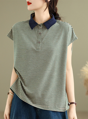 实拍复古100%棉细条纹短袖女撞色领文艺上衣休闲套头衫T恤夏