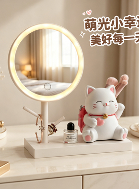 ins治愈招财猫带灯化妆镜多功能