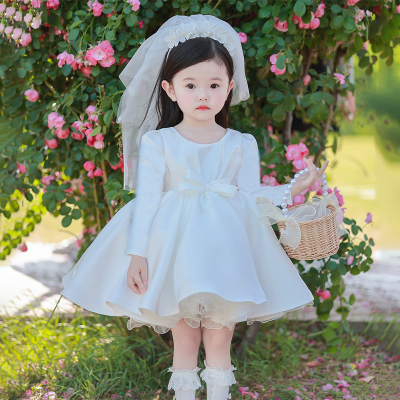 儿童长袖生日礼服花童婚礼小女孩婚纱公主裙缎面花嫁蓬蓬连衣裙子