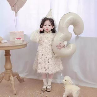 2024女童秋冬季花童羽毛亮片公主裙高级生日礼服裙流苏加厚背心裙