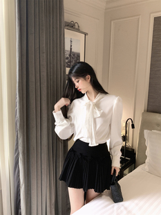 长袖 LXLILIUM 女秋冬季 宫廷风领部系带雪纺衬衫 上衣 冬日白月光