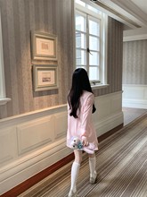 LXLILIUM【初恋嗲妹】学院风粉色中长款连衣裙女秋季长袖polo领裙