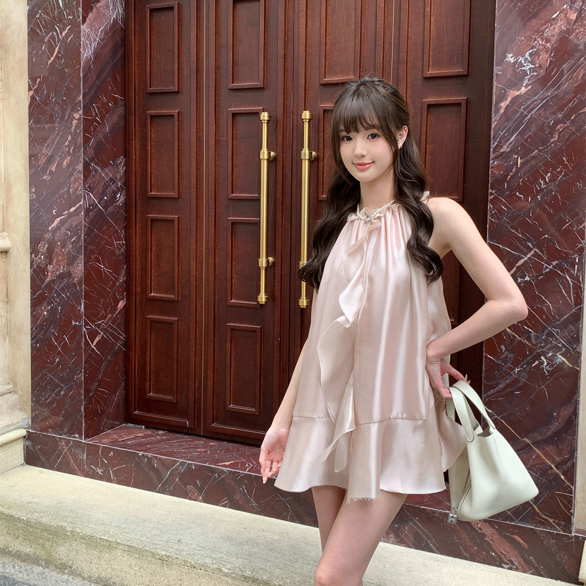 LXLILIUM【香槟玫瑰】香槟粉手工裁剪荷叶毛须边无袖连衣裙女夏季