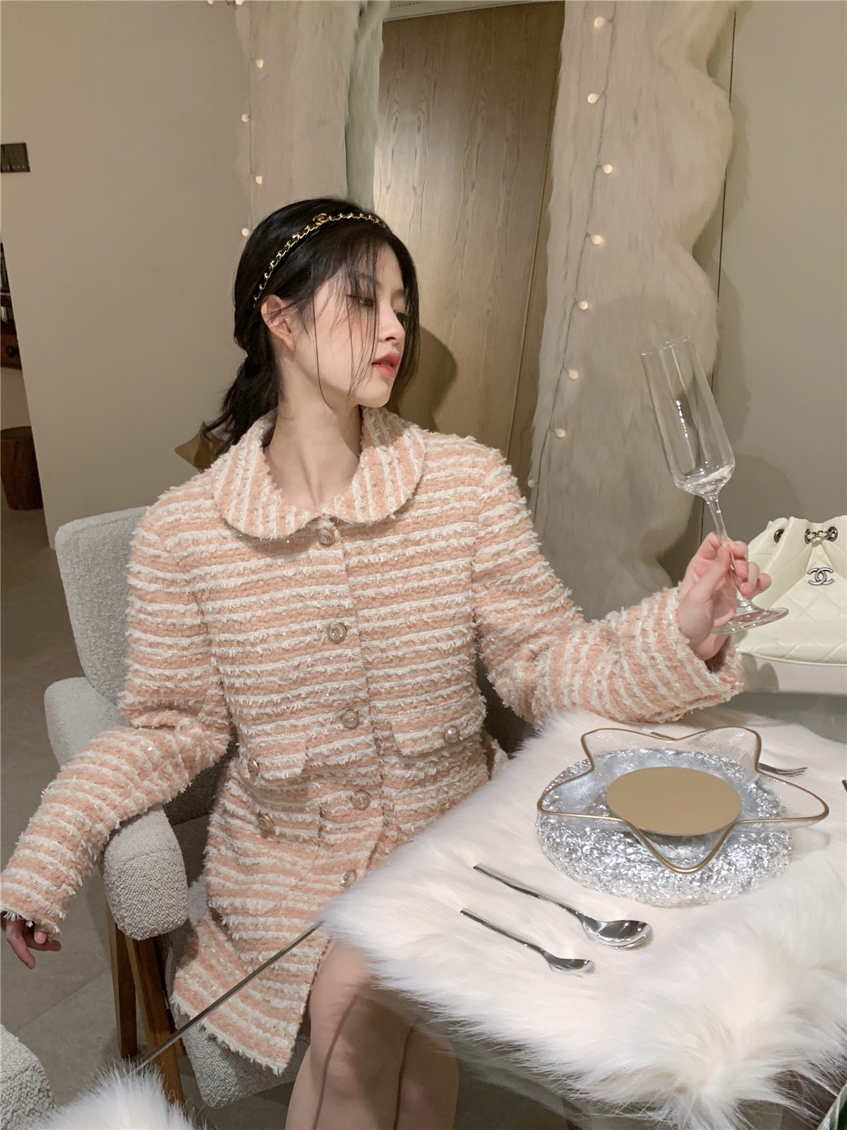 lxlilium少女条纹小香风外套裙