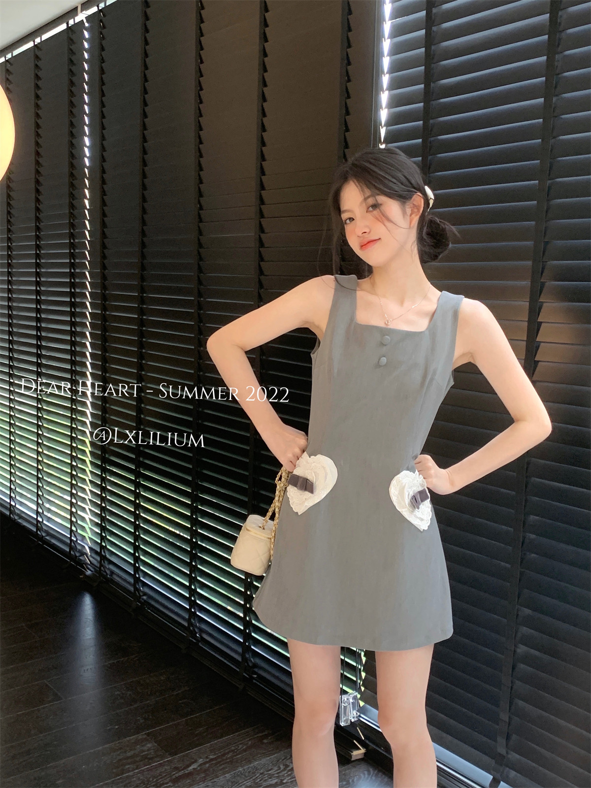 lxlilium【千金大小姐】灰色方领无袖背心裙女夏设计感初恋连衣裙