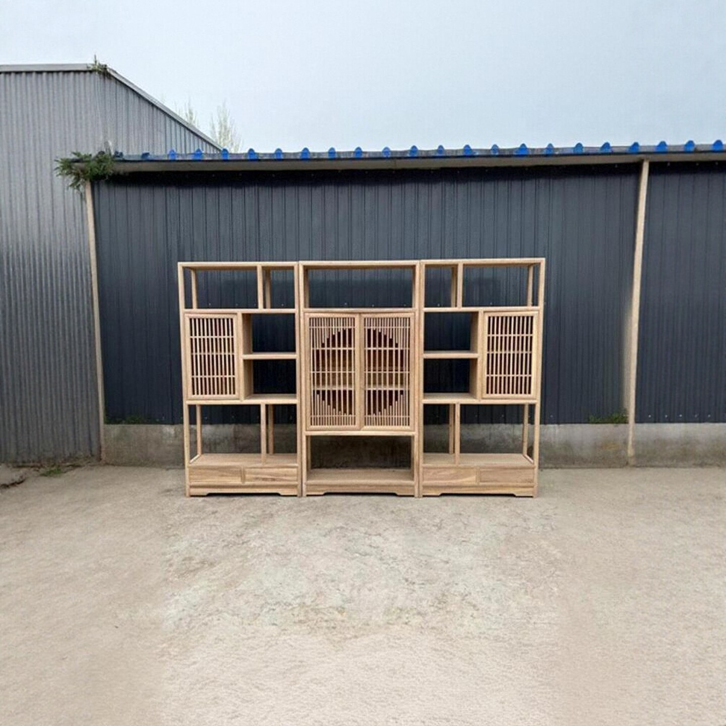 新中式实木博古架组合三件套北方榆木茶室展示柜置物架多宝格白茬