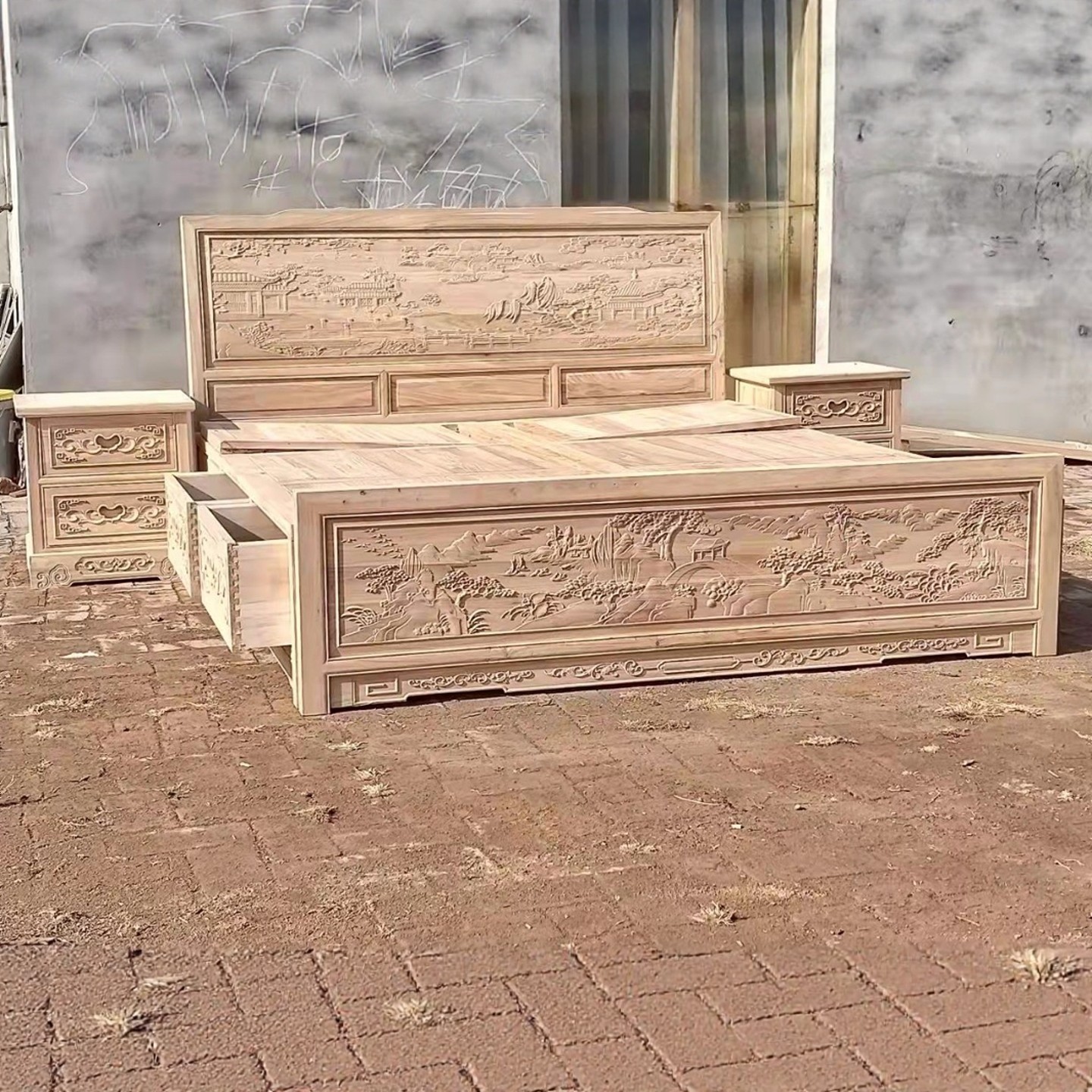 新中式全实木床家用主卧简约双人床白茬箱床带柜储物抽屉工厂直销