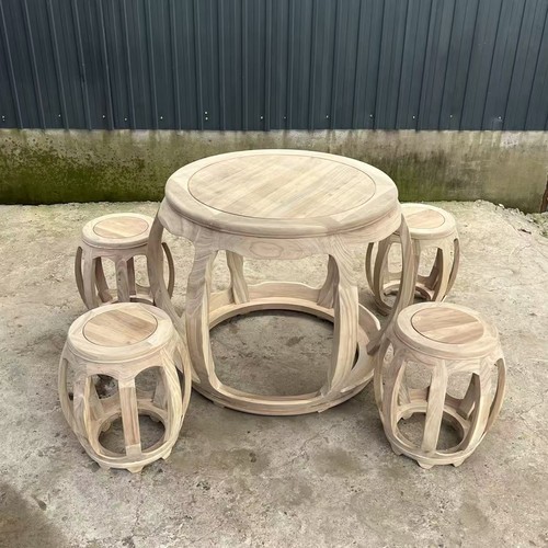 新中式实木圆鼓桌鼓凳组合茶桌凳