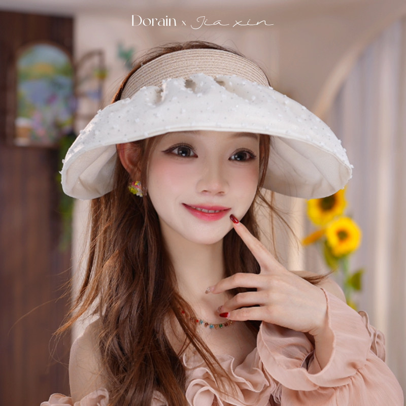 小清新风格珍珠装饰空顶防晒帽女夏百搭显脸小网纱跑步透气遮阳帽