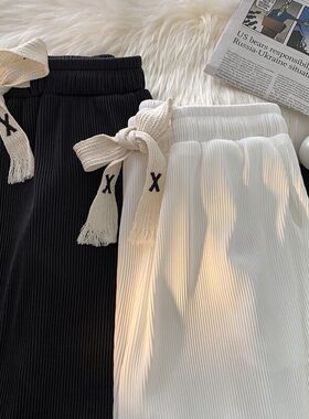 白色冰丝运动裤女夏季薄款2025新款高腰垂感宽松直筒休闲阔腿裤子