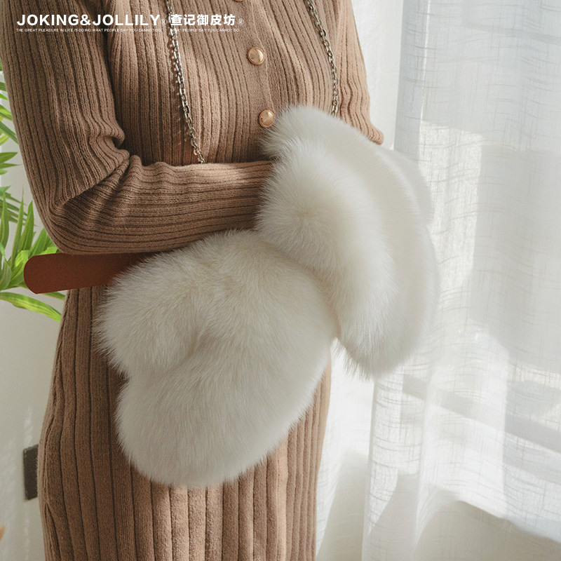 [御皮坊]真毛狐狸毛手套冬季女士整皮獭兔毛皮草连指保暖手羊皮套