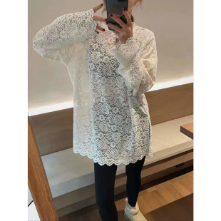 打底T恤女 下摆开叉2025秋冬新款 韩版 丝绒网纱蕾丝提花慵懒风大版