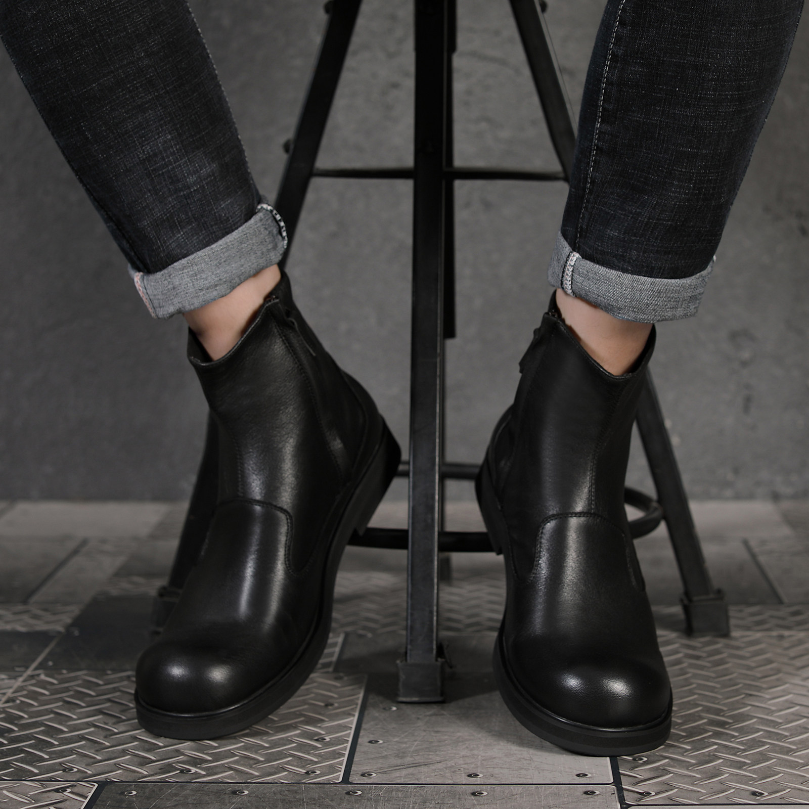 CHELSEA ENGLAND MARTIN MENS BOOTS JAPANESE BIG ROUND TOE MID-HIGH-TOP LEATHER SHOES ZIPPER PLATFORM SOLES HAIRSTYLIST TREND