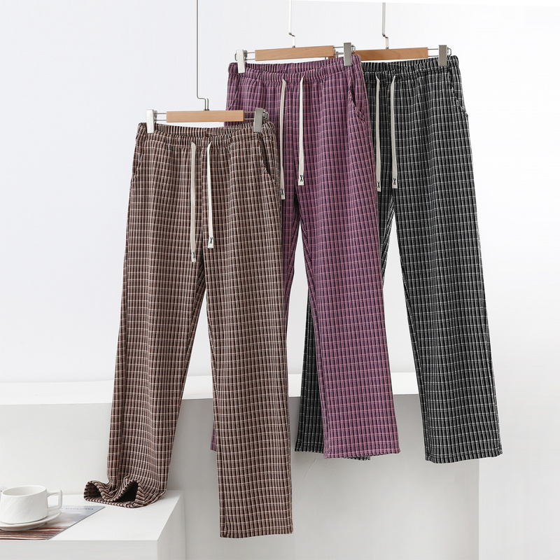 新款大码宽松休闲裤双面绒格子裤女口袋家居裤冬季阔腿直筒裤长裤