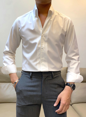 春季新款英伦时尚帅气长袖衬衫男修身韩版青年休闲免烫百搭衬衣潮