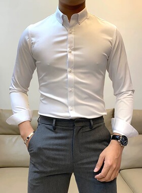 春季新款简约纯色休闲长袖衬衫男修身韩版青年帅气免烫百搭衬衣潮