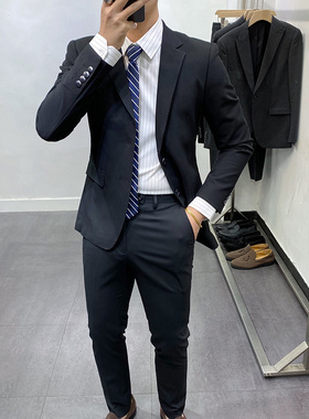 韩国秋季新款休闲西装男套装两件套潮流韩版修身新郎礼服男士西服