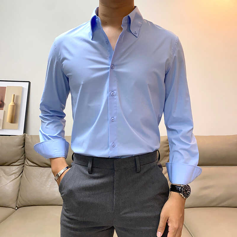 秋季新款商务休闲纯色长袖衬衫男修身韩版青年帅气百搭免烫衬衣潮