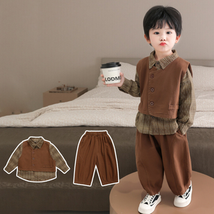 儿童韩版 新款 条纹衬衫 男宝宝复古马甲灯笼裤 男童秋装 套装 2024秋季