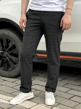 712525  夏季新款男士薄款休闲裤男修身中腰深灰格子九分裤