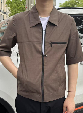 700108 夏季新款夹克衫短袖翻领外套时尚商务休闲短款外穿茄克