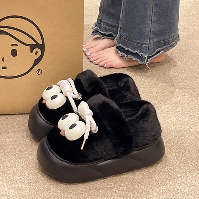 可爱大眼睛棉拖鞋女冬季可外穿厚底增高加绒保暖室内居家包跟棉鞋