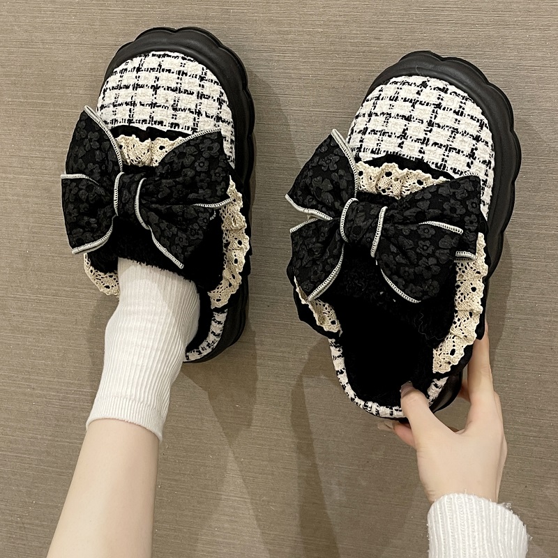 可爱蝴蝶结棉拖鞋女秋冬季2025新款室内家居厚底防滑加绒保暖拖鞋