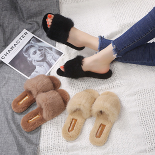 女2019新款 网红懒人外穿加绒棉拖鞋 秋季 百搭平底时尚 韩版 毛毛拖鞋