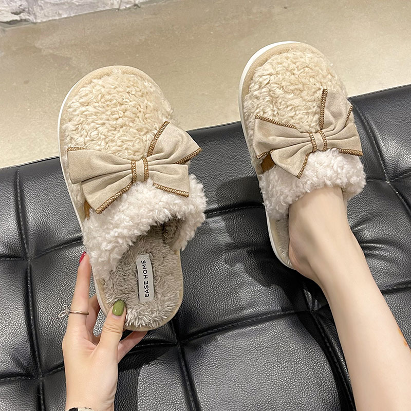 新款棉拖鞋女秋冬季少女心可爱蝴蝶结室内居家用防滑毛绒保暖拖鞋