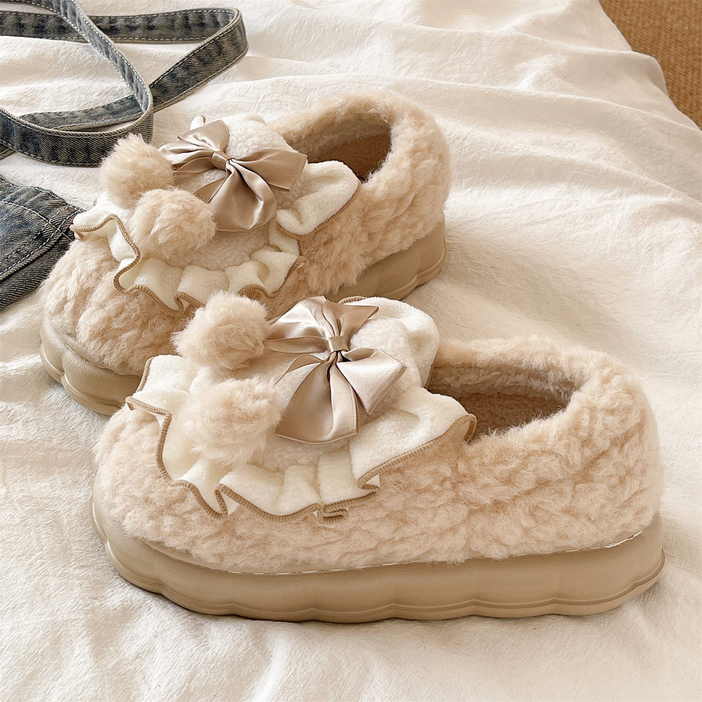 可爱蝴蝶结棉拖鞋女冬季室内居家月子鞋毛绒保暖防滑厚底包跟棉鞋,女鞋,毛毛鞋,淘宝优惠券,粉丝福利购,淘宝优惠卷