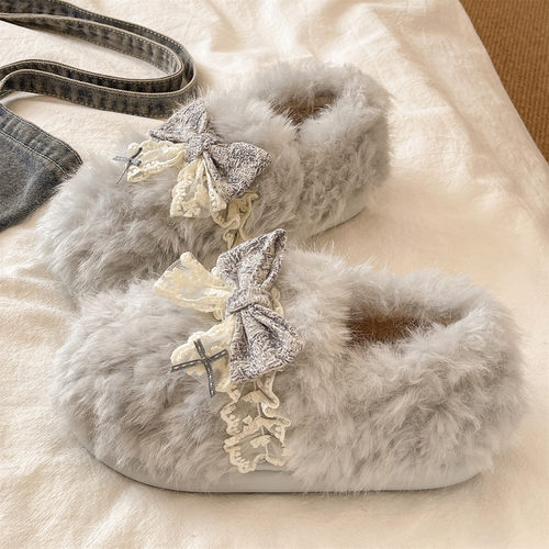 冬季棉拖鞋女款室内居家防滑厚底可爱蝴蝶结包跟外穿毛绒保暖棉鞋