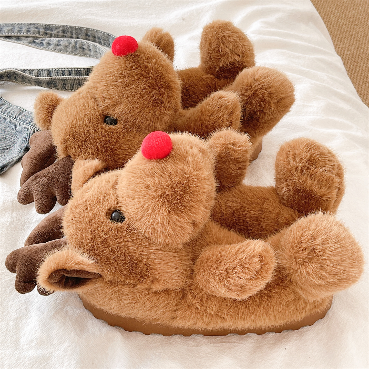 可爱麋鹿棉拖鞋女冬季外穿厚底防滑室内居家加绒毛毛保暖包跟棉鞋