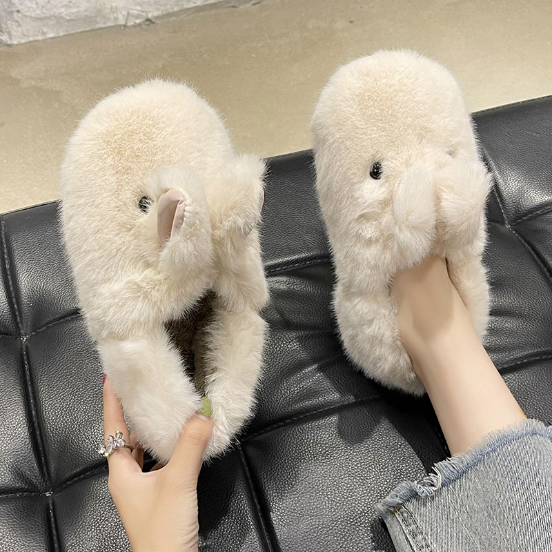 可爱兔子毛绒保暖防滑包跟棉拖鞋